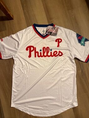 Stitches White Phillies Script Jersey with Red and Blue Accents